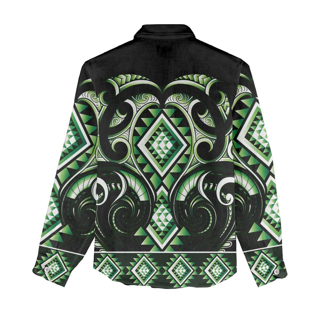 Green Ngaru Taniko With Aotearoa Maori Tattoo Women Casual Shirt LT14 - Polynesian Pride