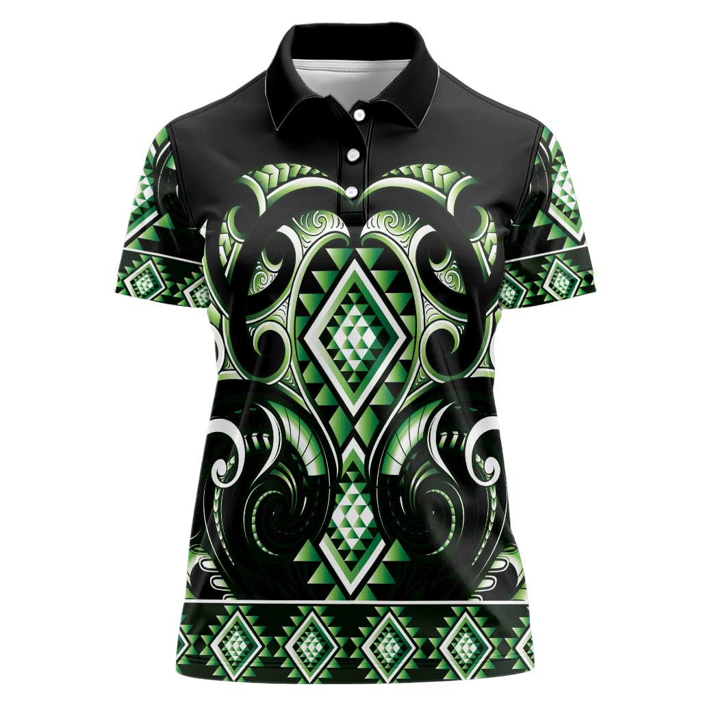 Green Ngaru Taniko With Aotearoa Maori Tattoo Women Polo Shirt LT14 Female Green - Polynesian Pride