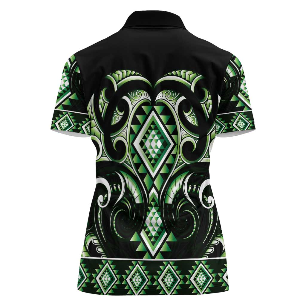 Green Ngaru Taniko With Aotearoa Maori Tattoo Women Polo Shirt LT14 - Polynesian Pride