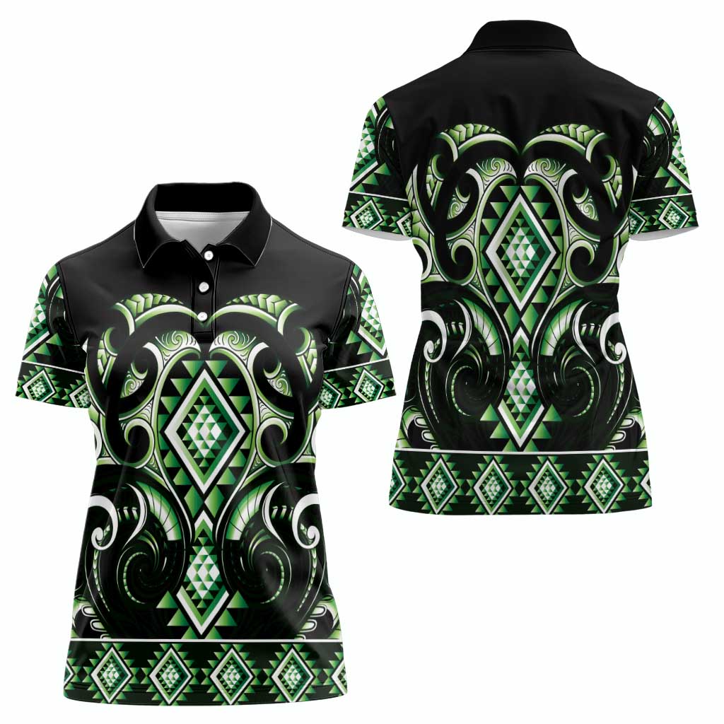 Green Ngaru Taniko With Aotearoa Maori Tattoo Women Polo Shirt LT14 - Polynesian Pride