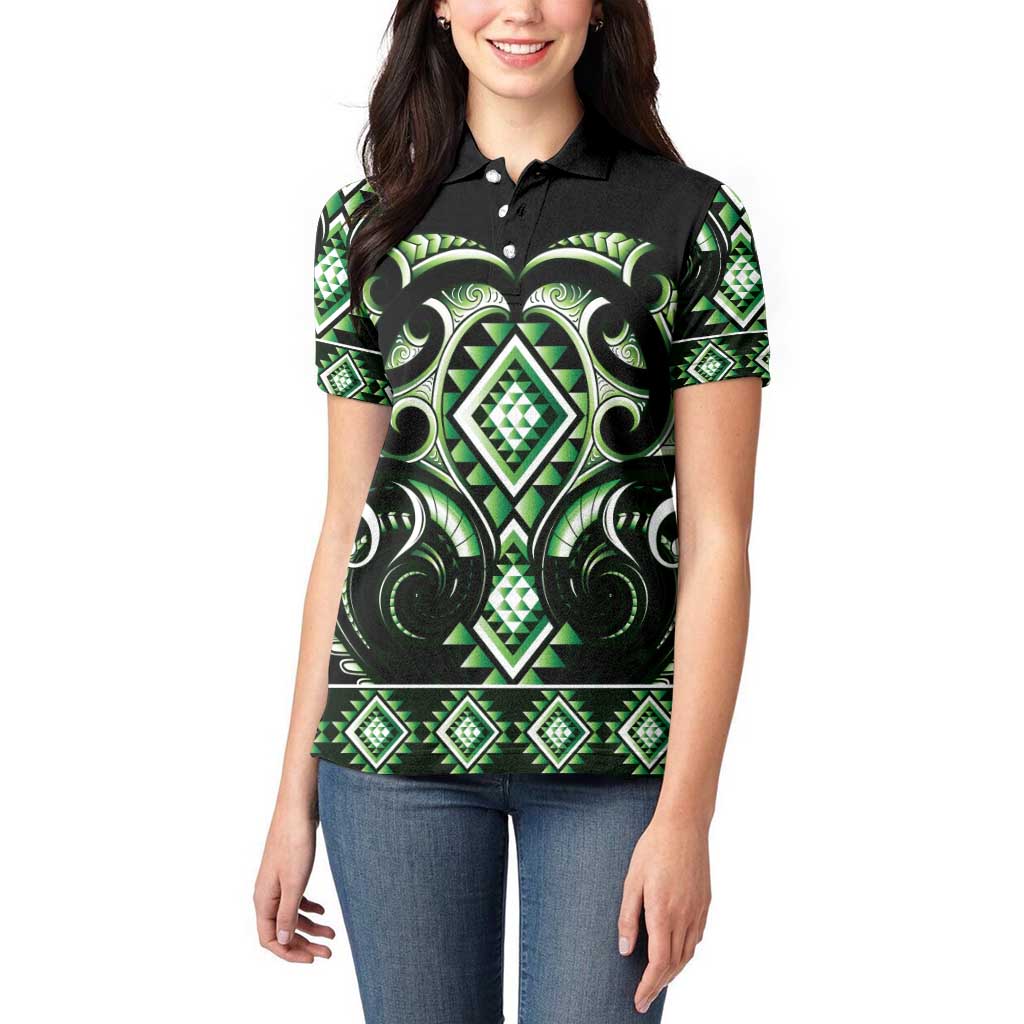 Green Ngaru Taniko With Aotearoa Maori Tattoo Women Polo Shirt LT14 - Polynesian Pride