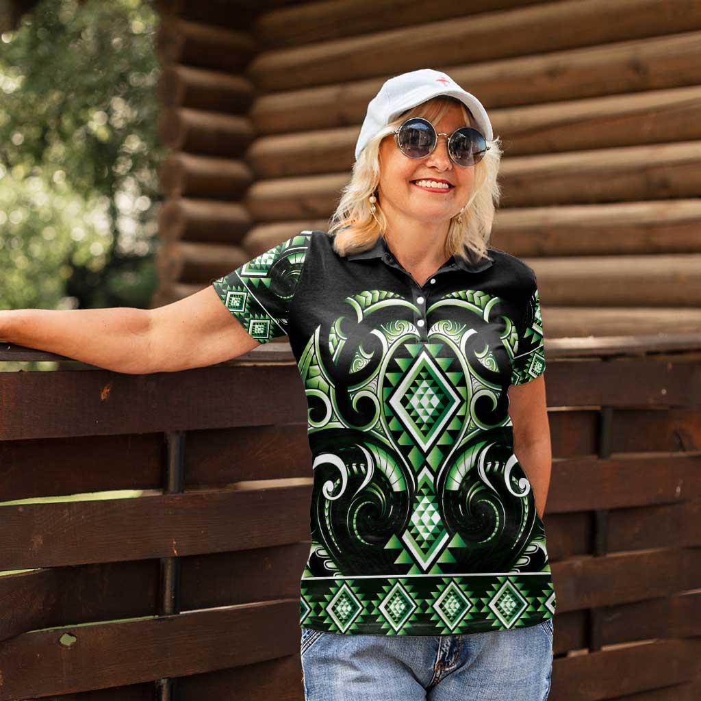 Green Ngaru Taniko With Aotearoa Maori Tattoo Women Polo Shirt LT14 - Polynesian Pride