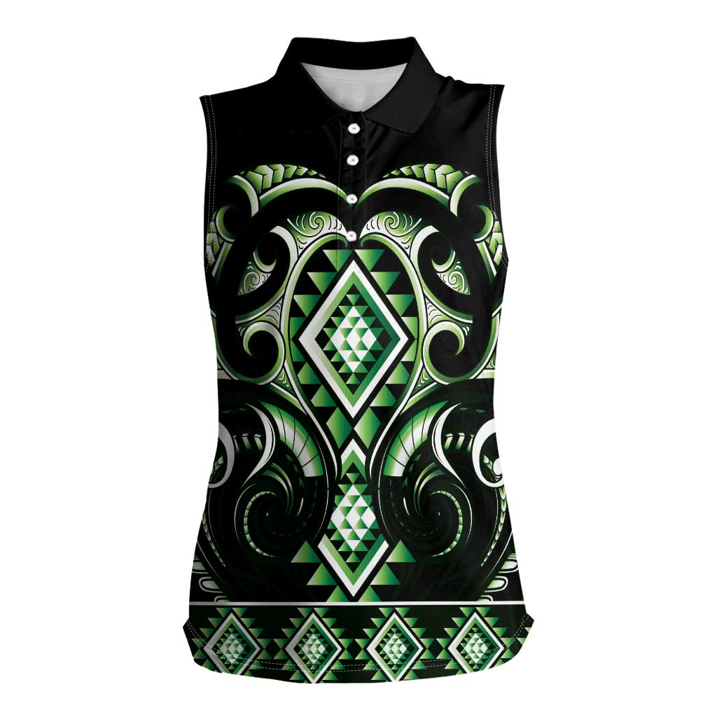 Green Ngaru Taniko With Aotearoa Maori Tattoo Women Sleeveless Polo Shirt LT14 Female Green - Polynesian Pride