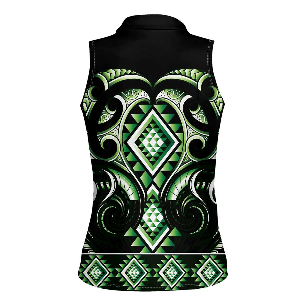 Green Ngaru Taniko With Aotearoa Maori Tattoo Women Sleeveless Polo Shirt LT14 - Polynesian Pride