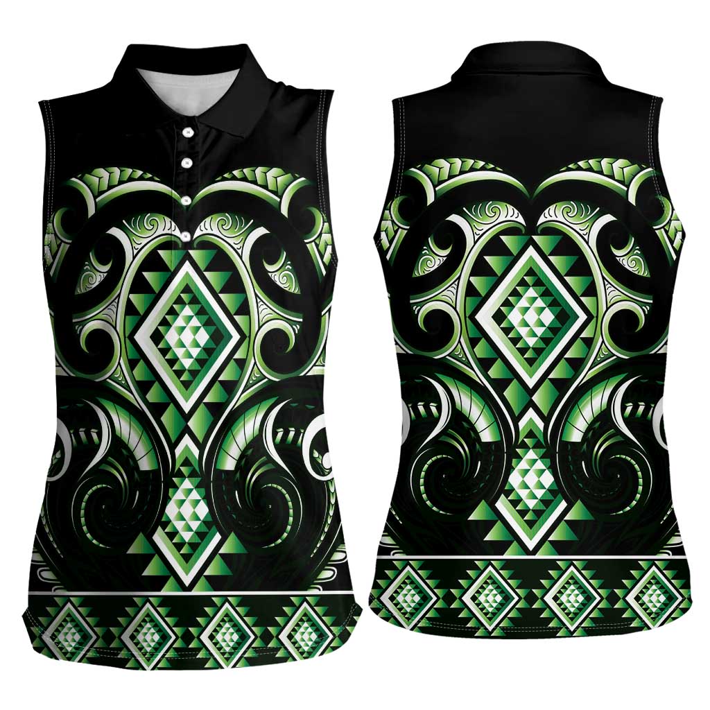 Green Ngaru Taniko With Aotearoa Maori Tattoo Women Sleeveless Polo Shirt LT14 - Polynesian Pride
