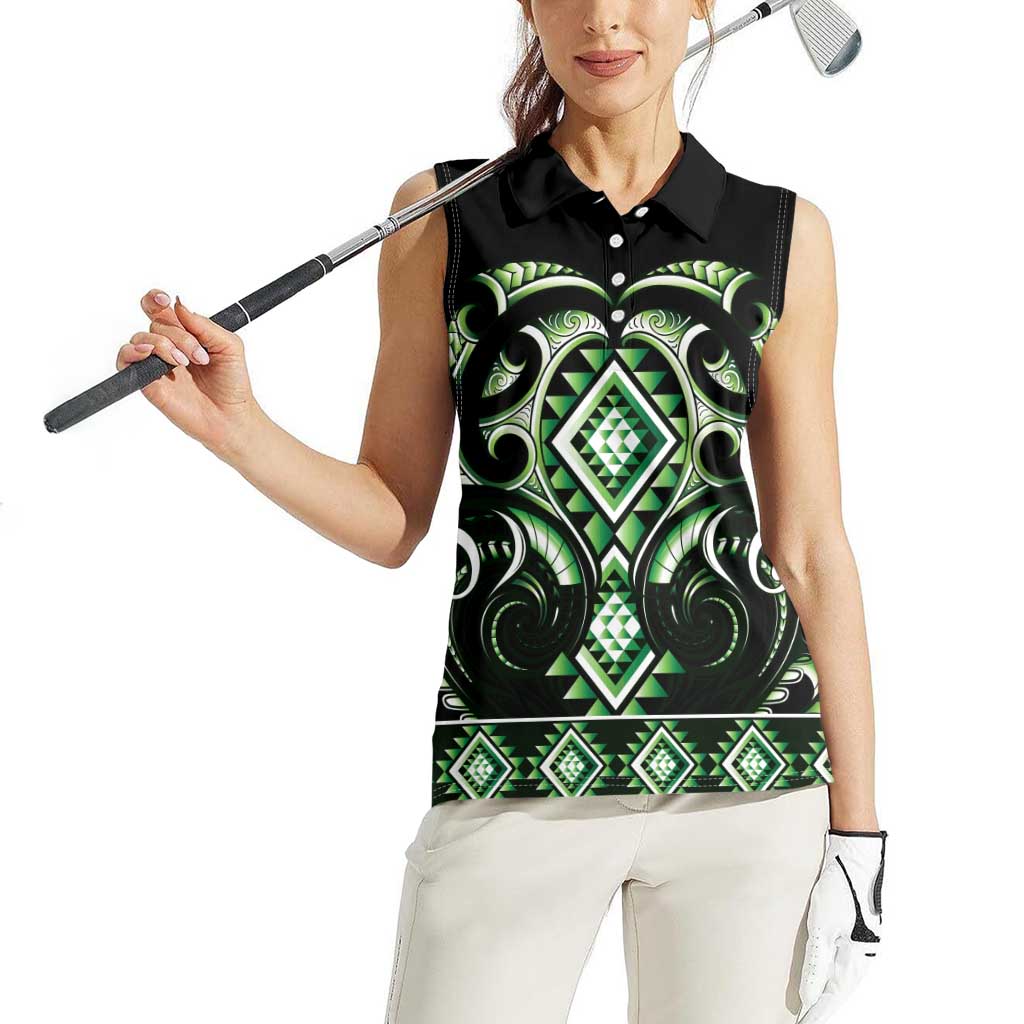 Green Ngaru Taniko With Aotearoa Maori Tattoo Women Sleeveless Polo Shirt LT14 - Polynesian Pride