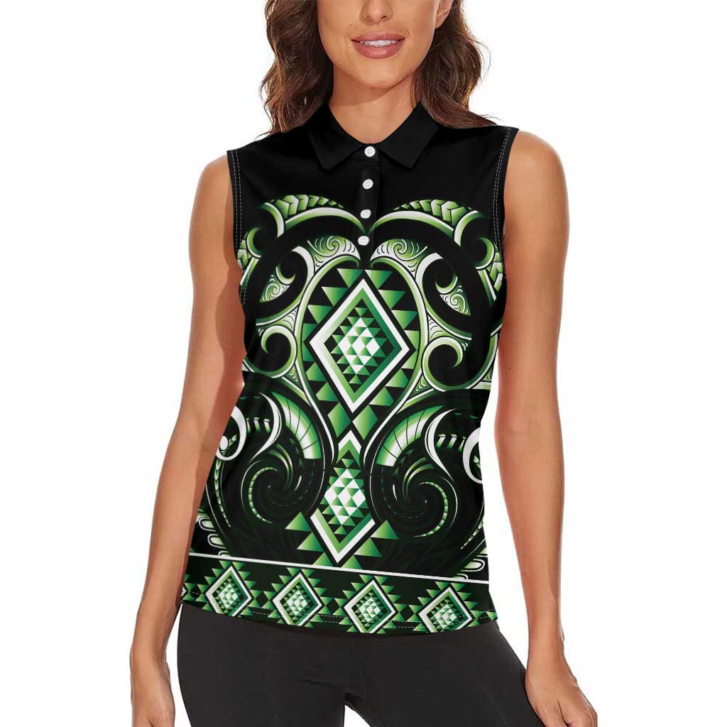 Green Ngaru Taniko With Aotearoa Maori Tattoo Women Sleeveless Polo Shirt LT14 - Polynesian Pride
