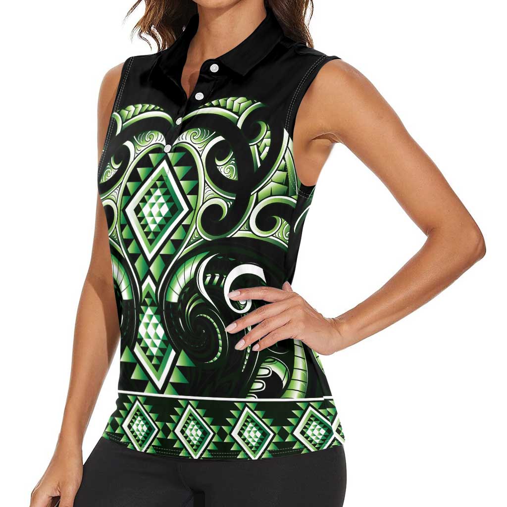 Green Ngaru Taniko With Aotearoa Maori Tattoo Women Sleeveless Polo Shirt LT14 - Polynesian Pride
