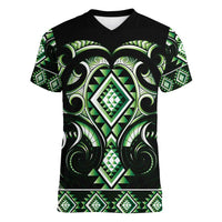 Green Ngaru Taniko With Aotearoa Maori Tattoo Women V-Neck T-Shirt LT14 Female Green - Polynesian Pride