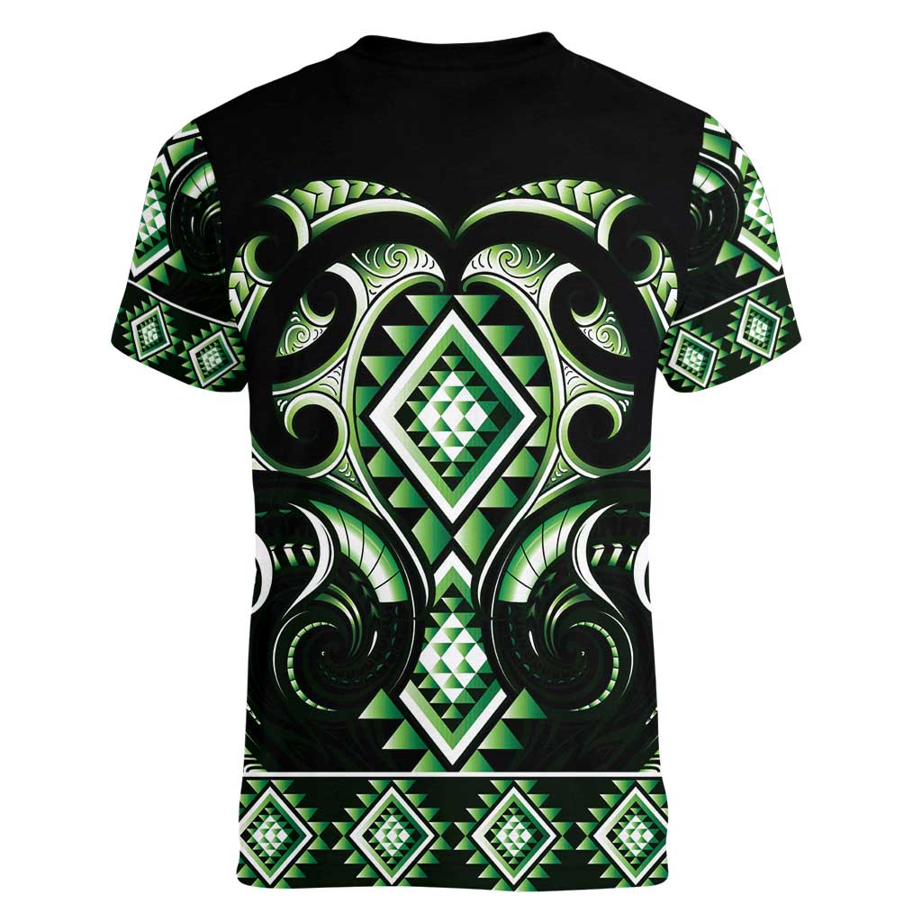 Green Ngaru Taniko With Aotearoa Maori Tattoo Women V-Neck T-Shirt LT14 - Polynesian Pride