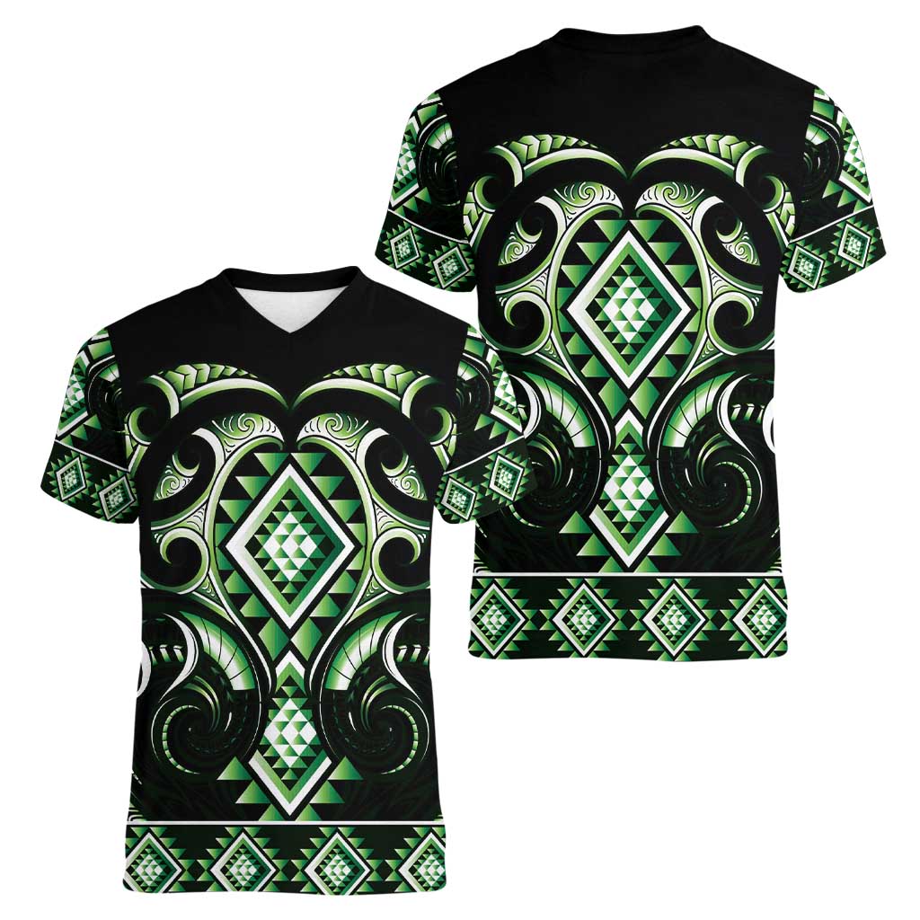 Green Ngaru Taniko With Aotearoa Maori Tattoo Women V-Neck T-Shirt LT14 - Polynesian Pride
