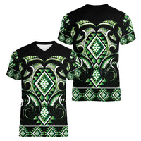 Green Ngaru Taniko With Aotearoa Maori Tattoo Women V-Neck T-Shirt LT14 - Polynesian Pride