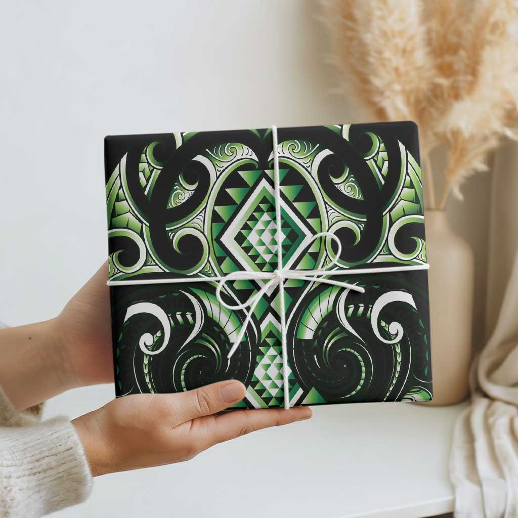 Green Ngaru Taniko With Aotearoa Maori Tattoo Wrapping Paper - Polynesian Pride