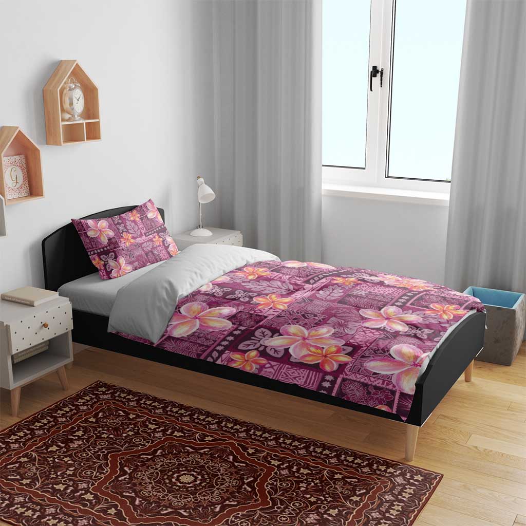 Pink Hawaii Plumeria With Tropical Flowers Motifs Bedding Set