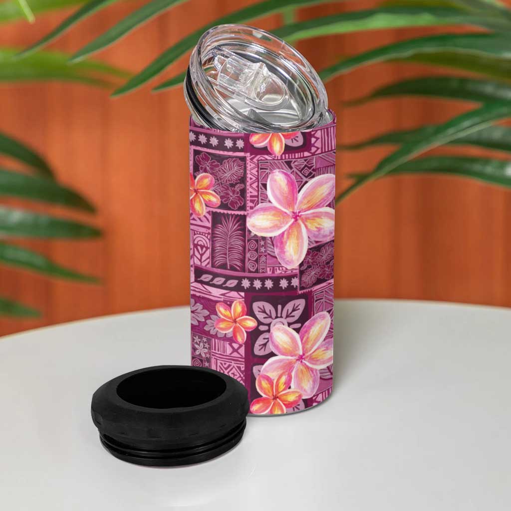 Pink Hawaii Plumeria With Tropical Flowers Motifs 4 in 1 Can Cooler Tumbler LT14 - Polynesian Pride