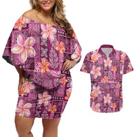 Pink Hawaii Plumeria With Tropical Flowers Motifs Couples Matching Off Shoulder Short Dress and Hawaiian Shirt