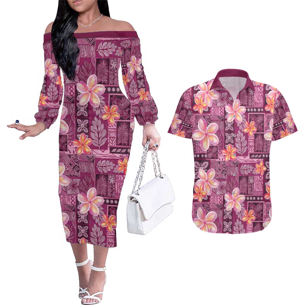 Pink Hawaii Plumeria With Tropical Flowers Motifs Couples Matching Off The Shoulder Long Sleeve Dress and Hawaiian Shirt