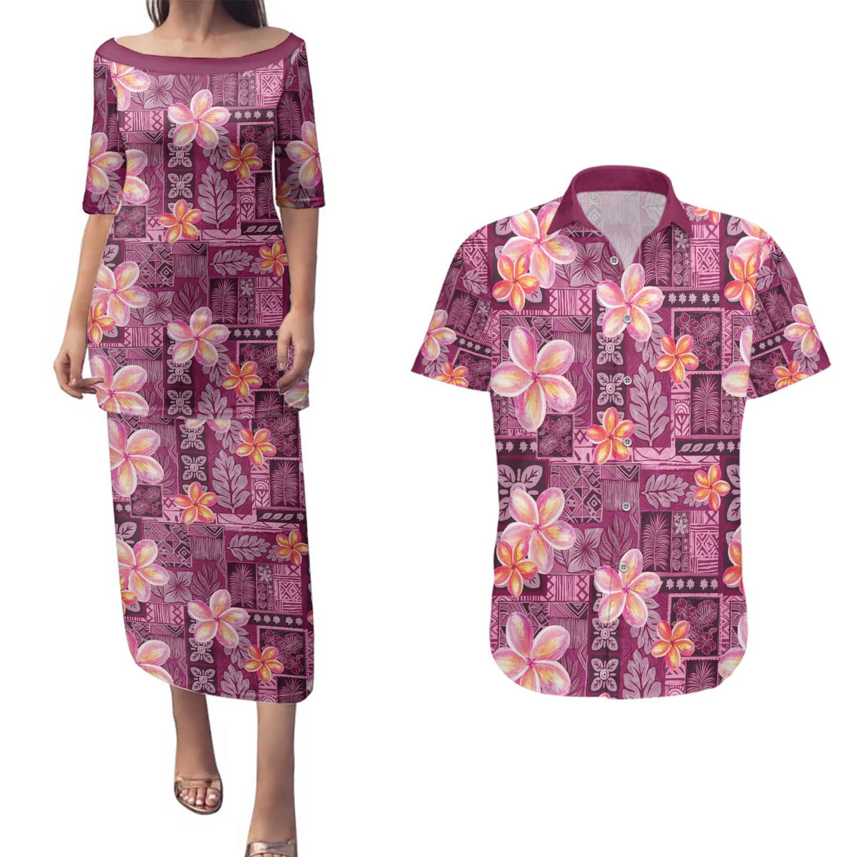 Pink Hawaii Plumeria With Tropical Flowers Motifs Couples Matching Puletasi and Hawaiian Shirt LT14 Pink - Polynesian Pride
