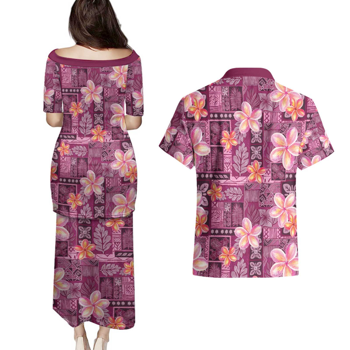 Pink Hawaii Plumeria With Tropical Flowers Motifs Couples Matching Puletasi and Hawaiian Shirt LT14 - Polynesian Pride