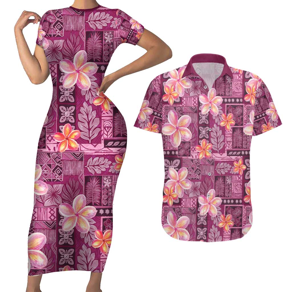 Pink Hawaii Plumeria With Tropical Flowers Motifs Couples Matching Short Sleeve Bodycon Dress and Hawaiian Shirt
