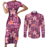 Pink Hawaii Plumeria With Tropical Flowers Motifs Couples Matching Short Sleeve Bodycon Dress and Long Sleeve Button Shirt