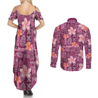 Pink Hawaii Plumeria With Tropical Flowers Motifs Couples Matching Summer Maxi Dress and Long Sleeve Button Shirt