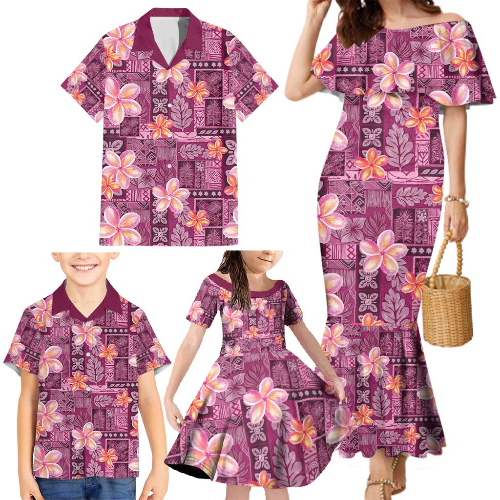 Pink Hawaii Plumeria With Tropical Flowers Motifs Family Matching Mermaid Dress and Hawaiian Shirt