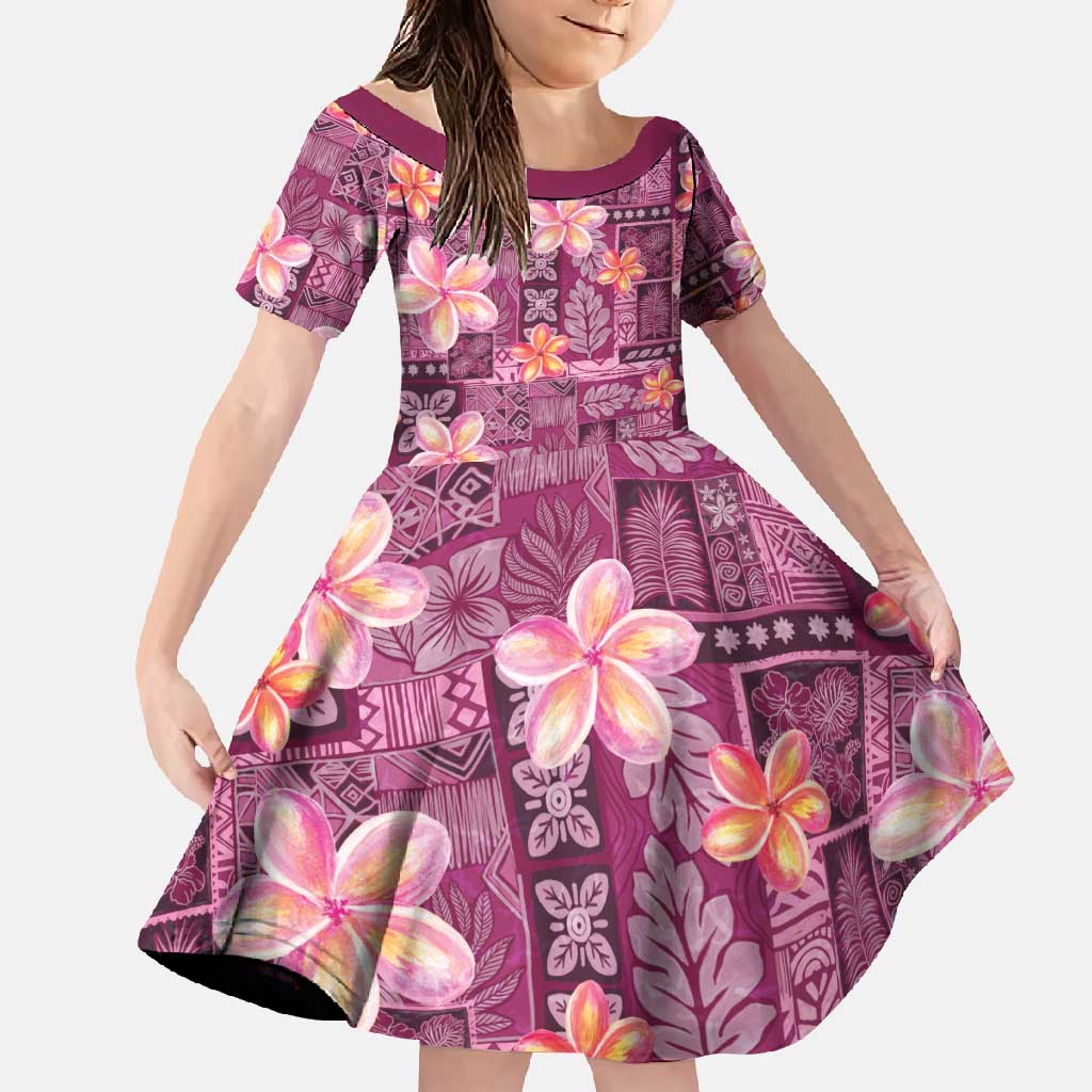 Pink Hawaii Plumeria With Tropical Flowers Motifs Family Matching Off Shoulder Maxi Dress and Hawaiian Shirt LT14 Daughter's Dress Pink - Polynesian Pride