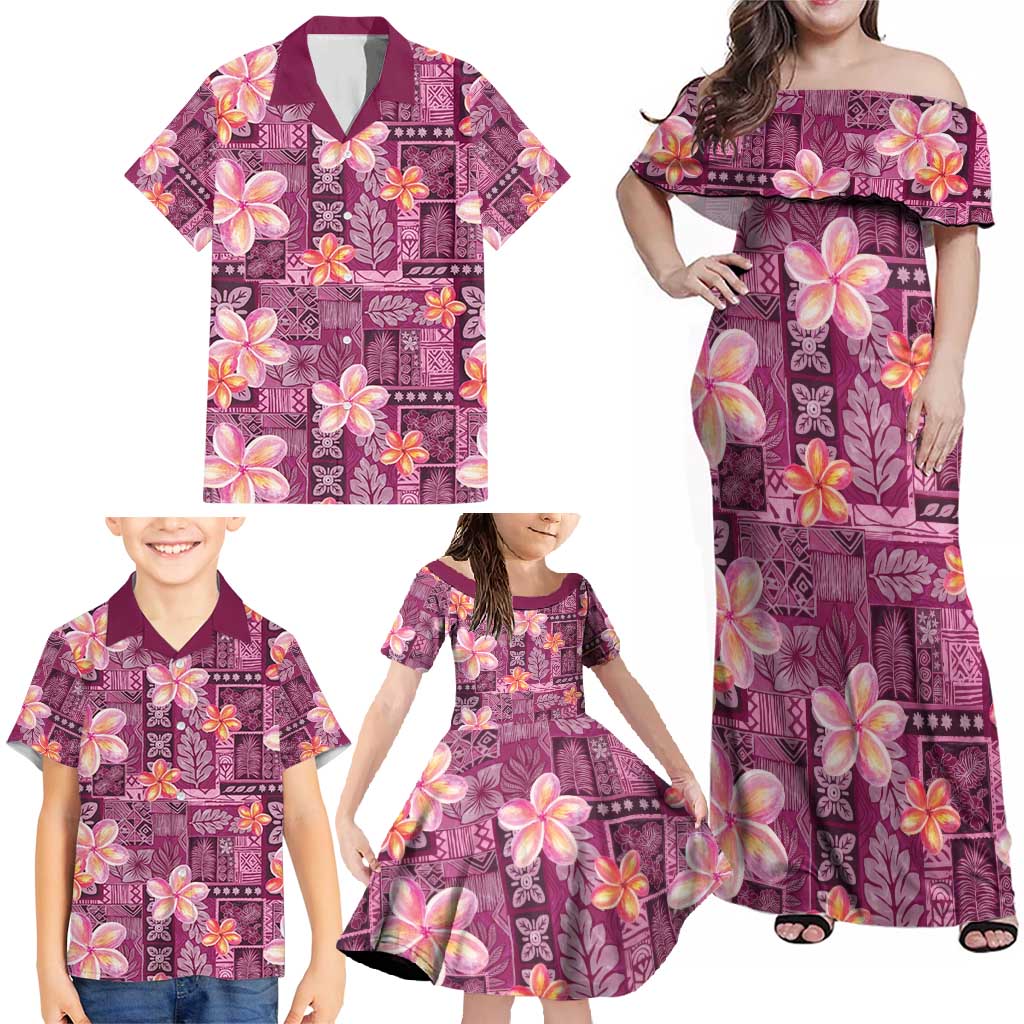 Pink Hawaii Plumeria With Tropical Flowers Motifs Family Matching Off Shoulder Maxi Dress and Hawaiian Shirt LT14 - Polynesian Pride