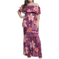 Pink Hawaii Plumeria With Tropical Flowers Motifs Family Matching Off Shoulder Maxi Dress and Hawaiian Shirt LT14 Mom's Dress Pink - Polynesian Pride