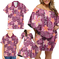 Pink Hawaii Plumeria With Tropical Flowers Motifs Family Matching Off Shoulder Short Dress and Hawaiian Shirt