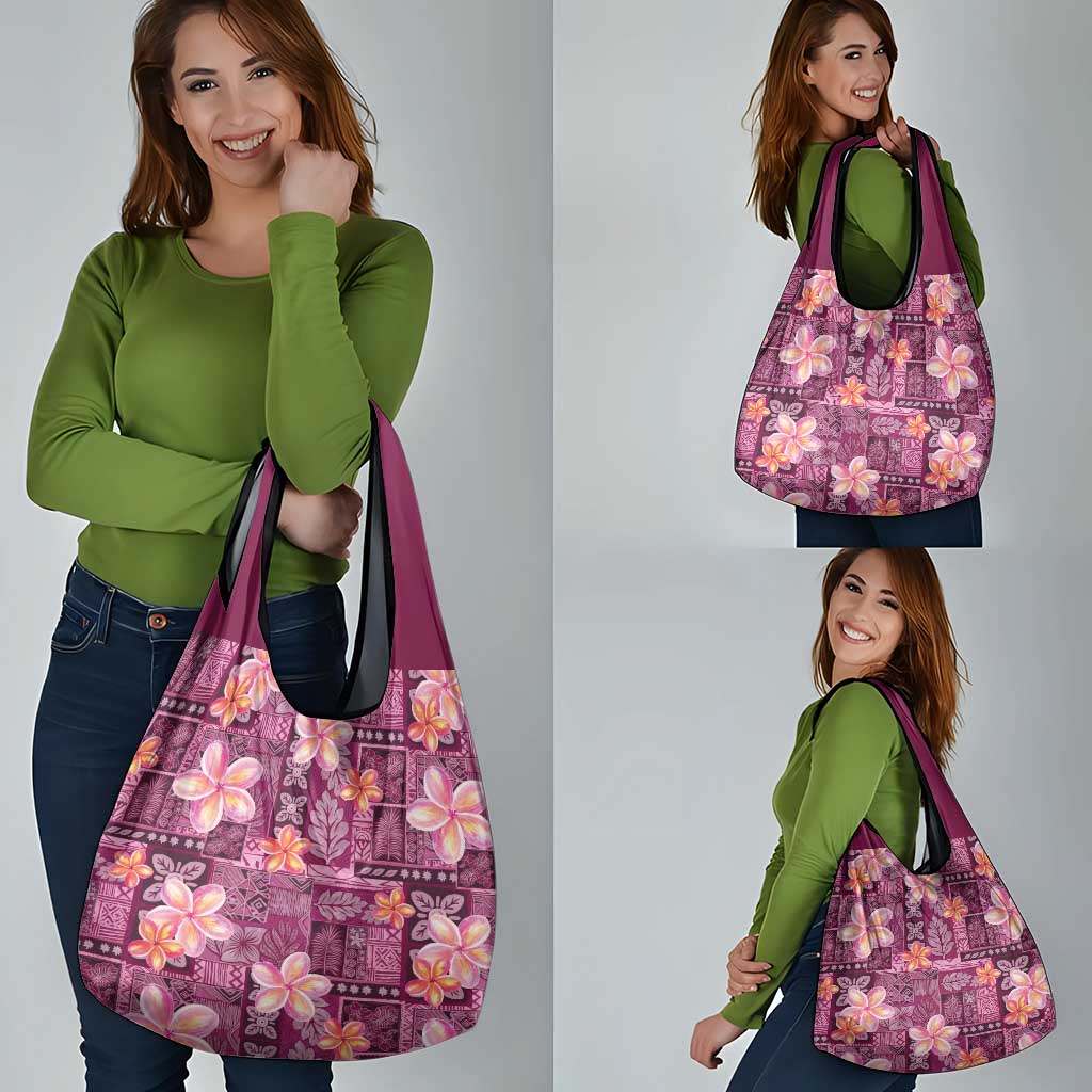 Pink Hawaii Plumeria With Tropical Flowers Motifs Grocery Bag