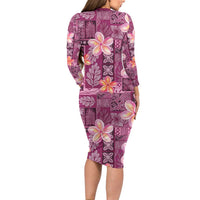 Pink Hawaii Plumeria With Tropical Flowers Motifs Long Sleeve Bodycon Dress LT14 - Polynesian Pride