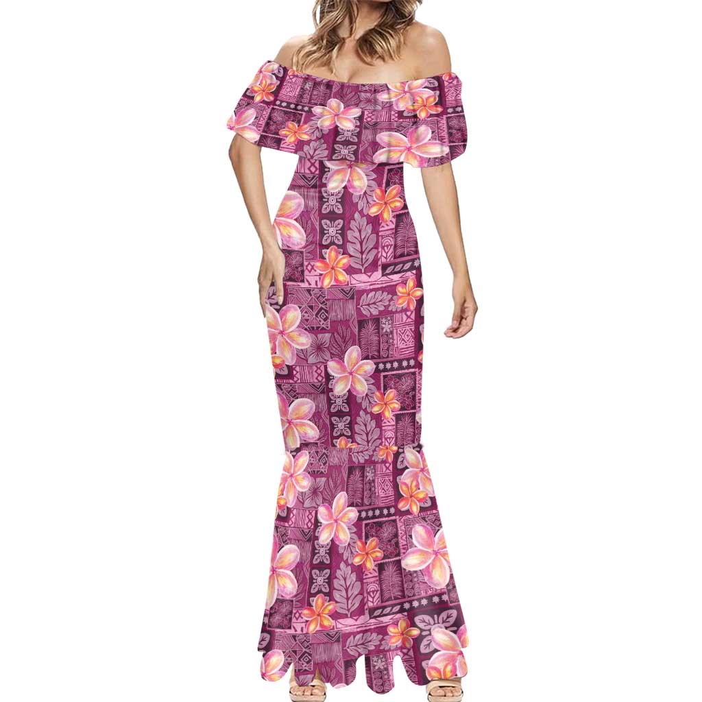 Pink Hawaii Plumeria With Tropical Flowers Motifs Mermaid Dress