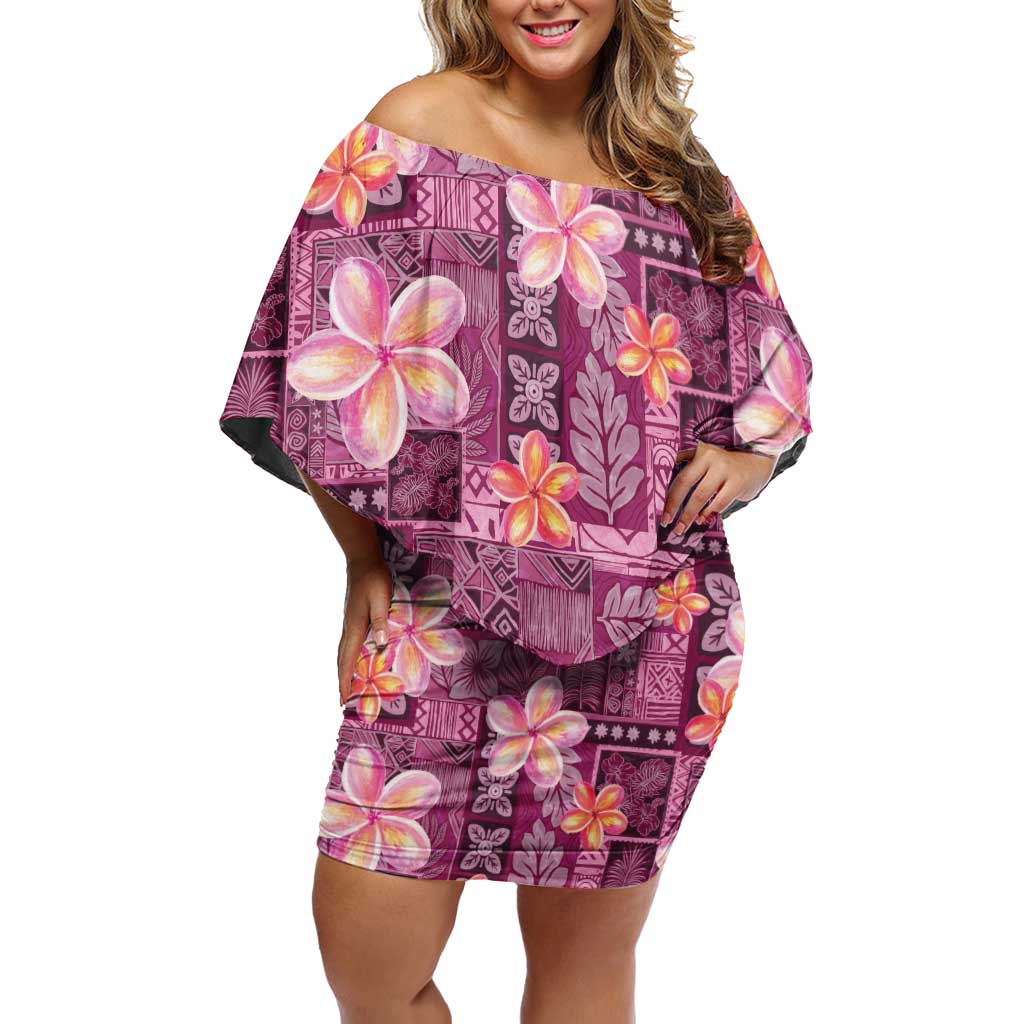 Pink Hawaii Plumeria With Tropical Flowers Motifs Off Shoulder Short Dress