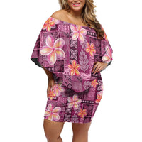 Pink Hawaii Plumeria With Tropical Flowers Motifs Off Shoulder Short Dress