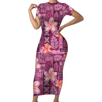 Pink Hawaii Plumeria With Tropical Flowers Motifs Short Sleeve Bodycon Dress LT14 Long Dress Pink - Polynesian Pride
