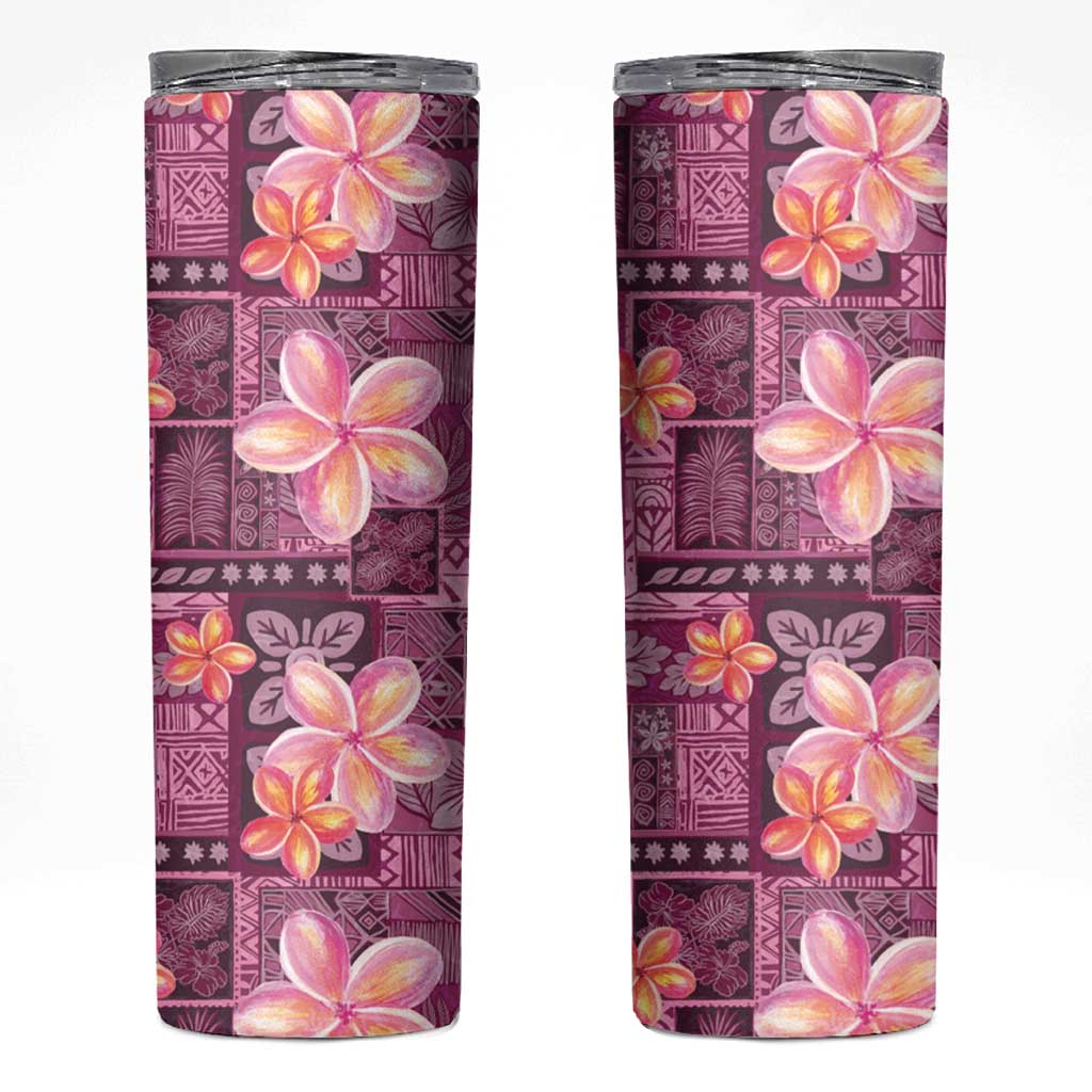 Pink Hawaii Plumeria With Tropical Flowers Motifs Skinny Tumbler LT14 Pink - Polynesian Pride