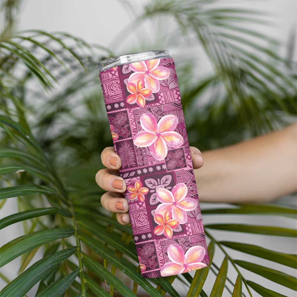 Pink Hawaii Plumeria With Tropical Flowers Motifs Skinny Tumbler LT14 - Polynesian Pride