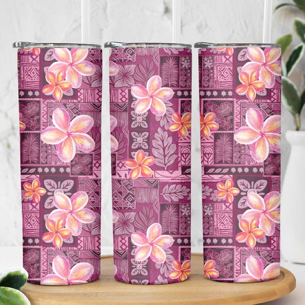 Pink Hawaii Plumeria With Tropical Flowers Motifs Skinny Tumbler LT14 - Polynesian Pride