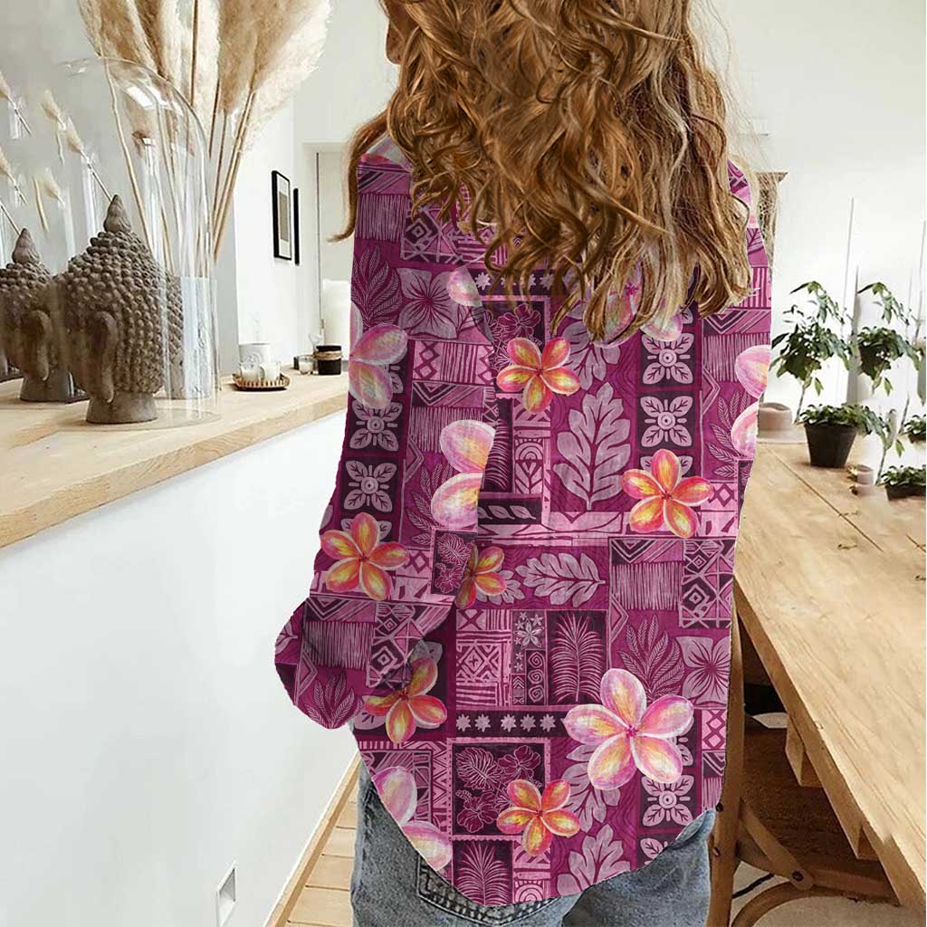 Pink Hawaii Plumeria With Tropical Flowers Motifs Women Casual Shirt LT14 - Polynesian Pride