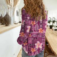 Pink Hawaii Plumeria With Tropical Flowers Motifs Women Casual Shirt LT14 - Polynesian Pride
