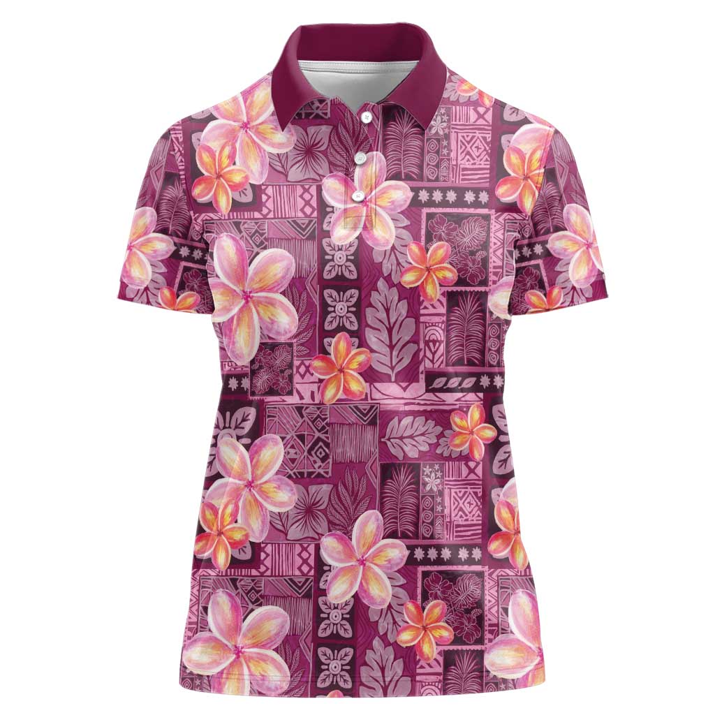 Pink Hawaii Plumeria With Tropical Flowers Motifs Women Polo Shirt LT14 Female Pink - Polynesian Pride