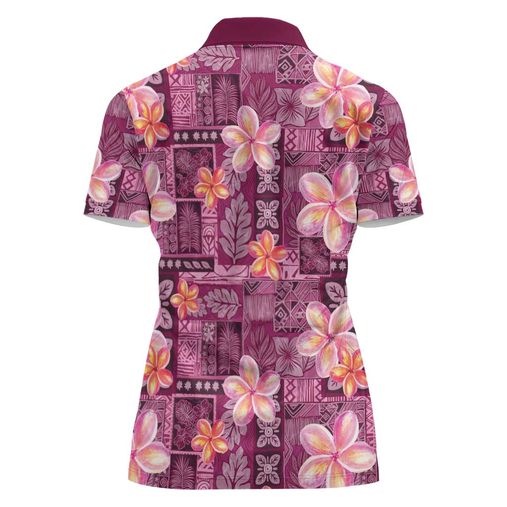 Pink Hawaii Plumeria With Tropical Flowers Motifs Women Polo Shirt LT14 - Polynesian Pride