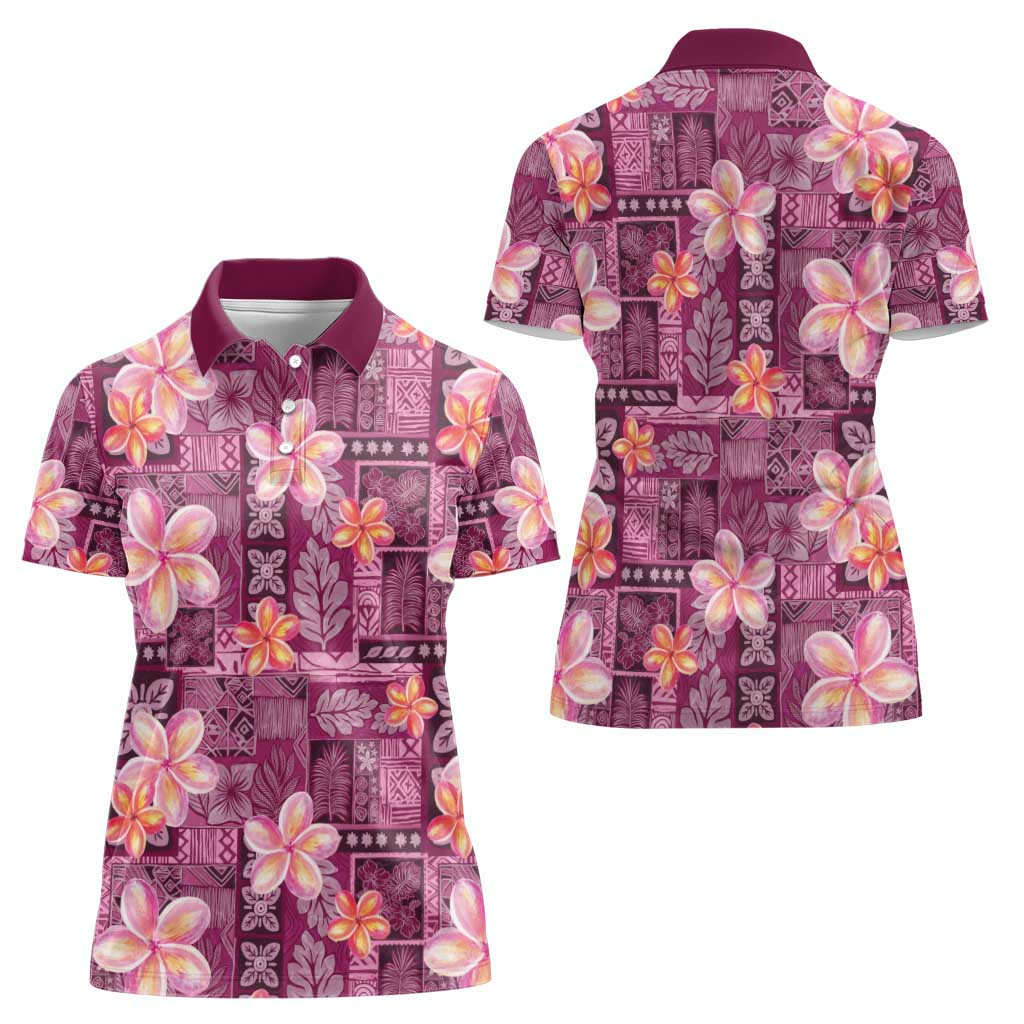Pink Hawaii Plumeria With Tropical Flowers Motifs Women Polo Shirt LT14 - Polynesian Pride