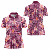 Pink Hawaii Plumeria With Tropical Flowers Motifs Women Polo Shirt LT14 - Polynesian Pride
