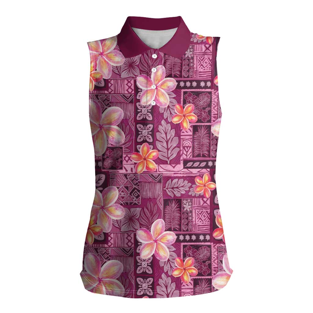 Pink Hawaii Plumeria With Tropical Flowers Motifs Women Sleeveless Polo Shirt LT14 Female Pink - Polynesian Pride