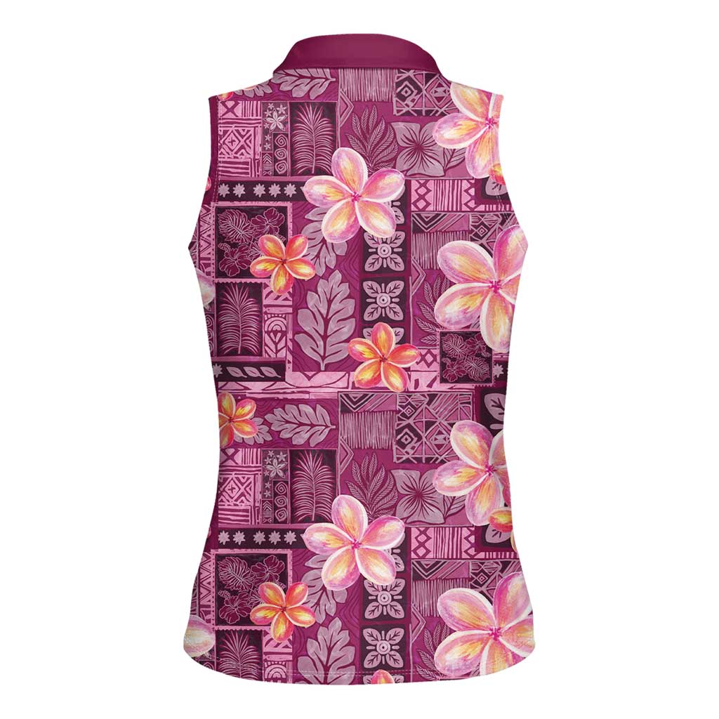 Pink Hawaii Plumeria With Tropical Flowers Motifs Women Sleeveless Polo Shirt LT14 - Polynesian Pride