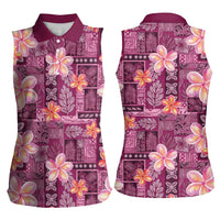 Pink Hawaii Plumeria With Tropical Flowers Motifs Women Sleeveless Polo Shirt LT14 - Polynesian Pride