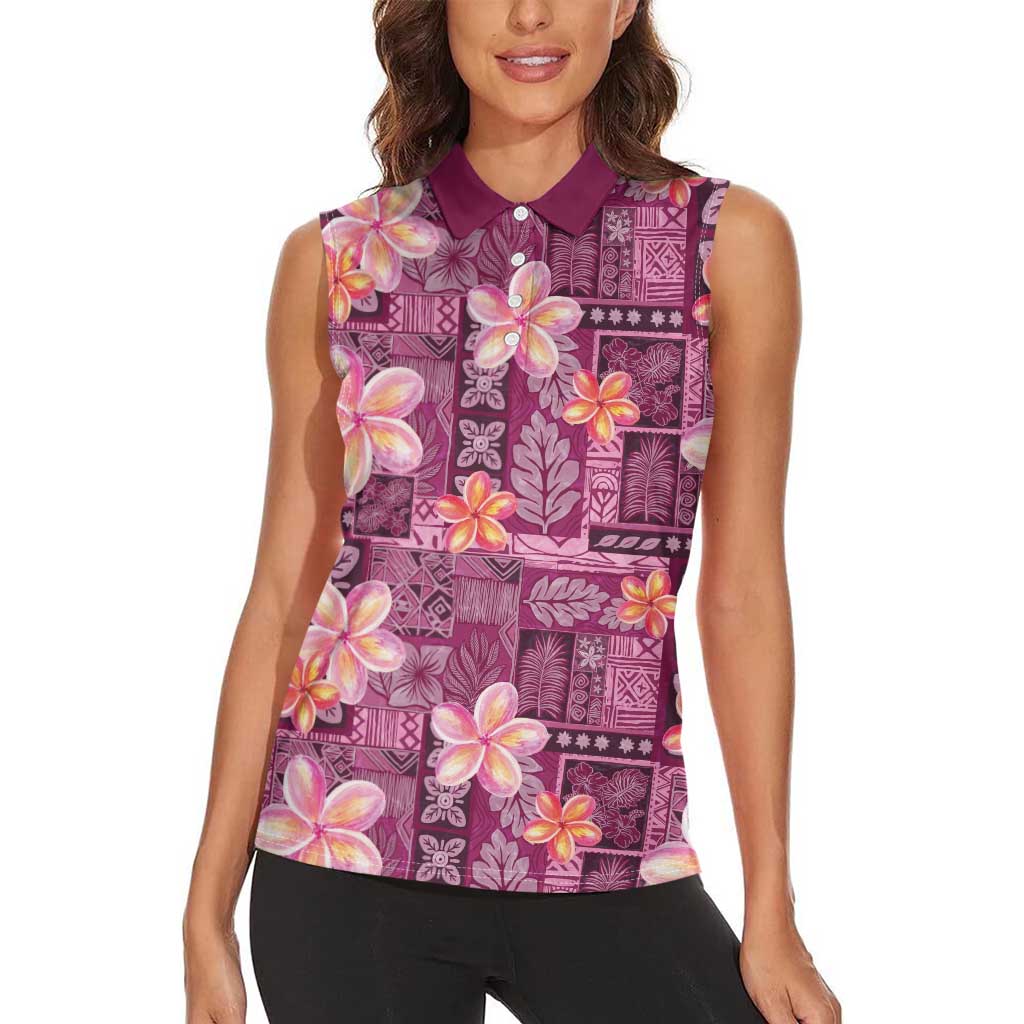 Pink Hawaii Plumeria With Tropical Flowers Motifs Women Sleeveless Polo Shirt LT14 - Polynesian Pride